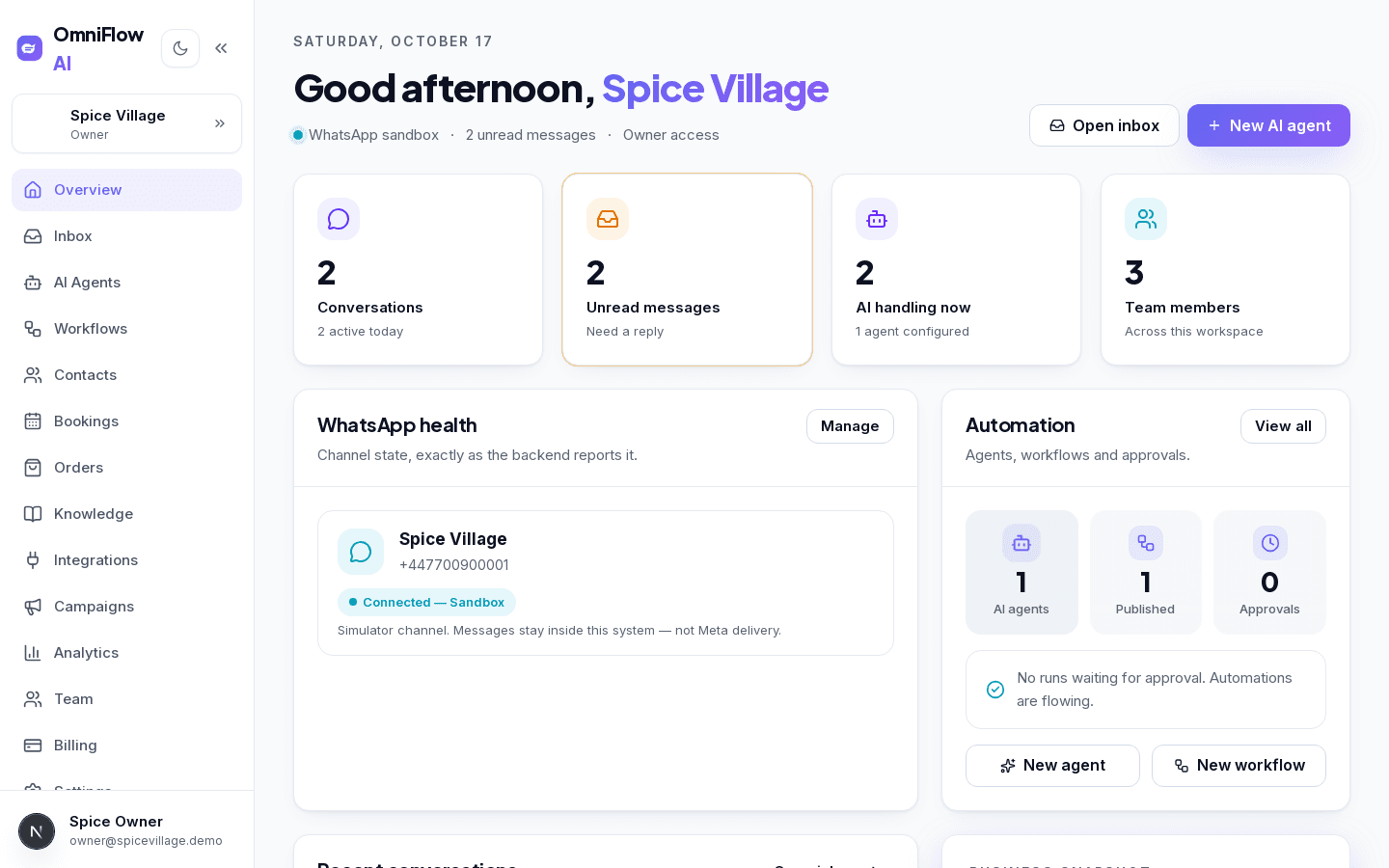 OmniFlow AI Command centre — actual product screenshot from the demo workspace